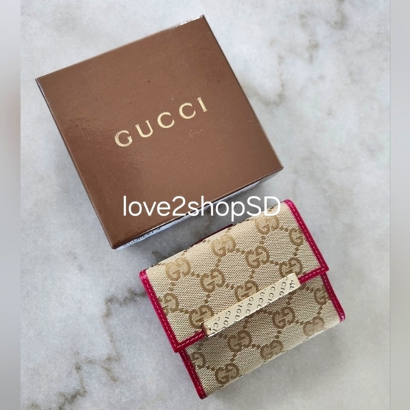 Gucci GG Monogram Metal Bar French Wallet Brown Pink Leather NWT - Picture 1 of 10